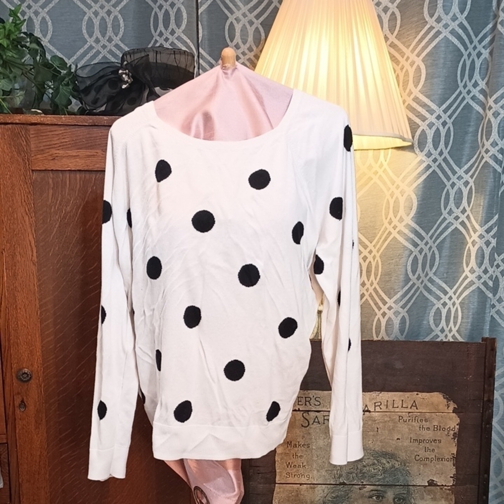 Polka Dot Long Sleeve Lightweight Sweater  - White and Black XXL